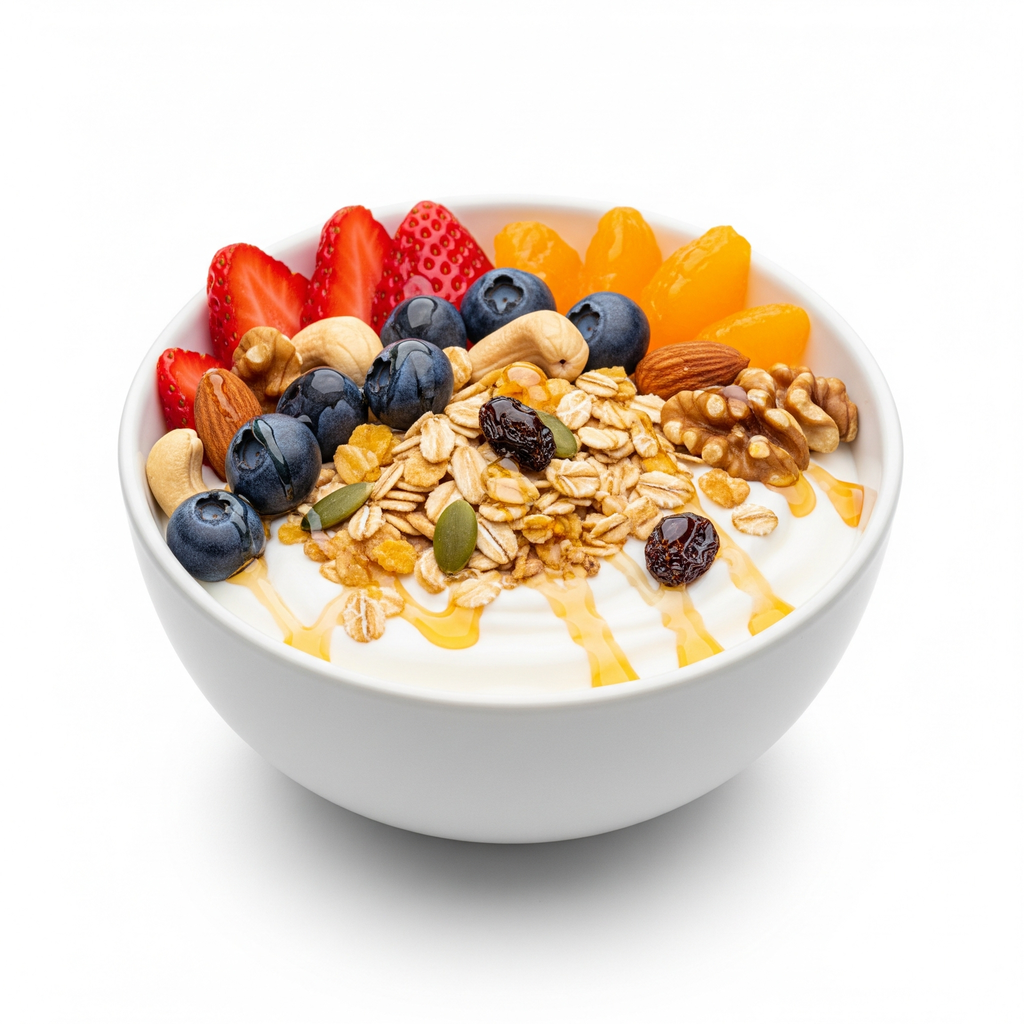 Bowl de yogurt + muesli + fruit + mixed nuts + honey